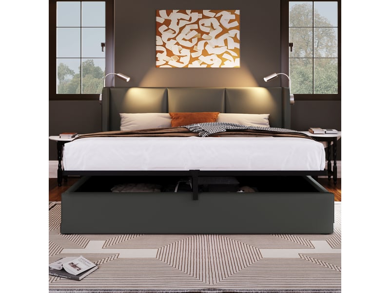  Lit coffre 140x200 cm – lit double avec sommier à lattes et lampe usb, pu, sans matelas, gris  - Conforama D