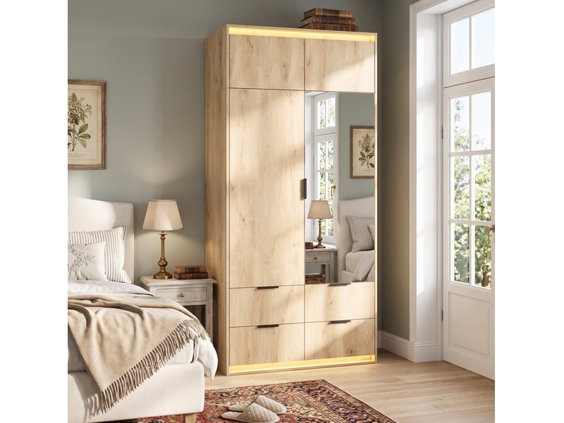  Armoire 2 portes avec miroir, 4 tiroirs, penderie et éclairage led pour chambre en mdf chêne 90 × 47 × 200 cm  - Conforama B