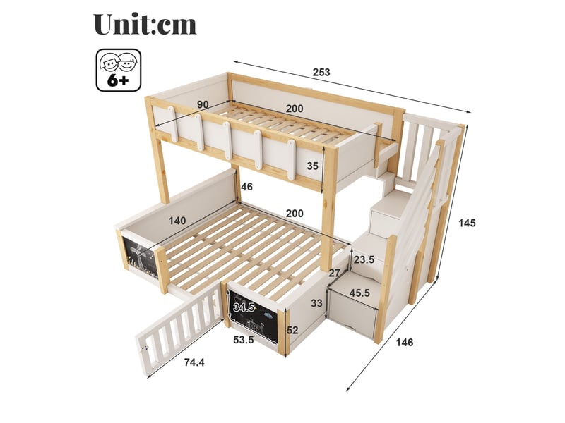 Lit superposé 90x200 et 140x200 cm, rangement, blanc et bois naturel - Conforama C