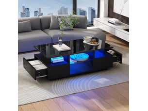 Table basse 100x50x36 cm noire brillante avec led, 2 tiroirs et rangements