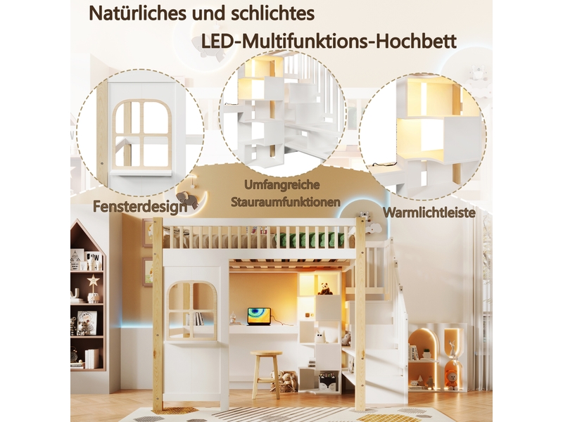  Lit mezzanine, 140 × 200 cm, blanc et naturel, pin, bureau intégré, éclairage led, rangements intégrés, garde-corps, sans matelas  - Conforama C