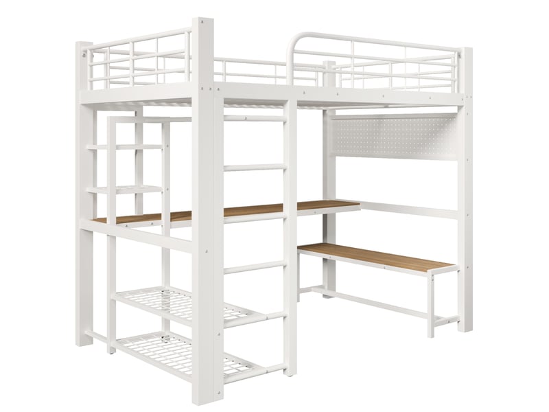Lit mezzanine 140x200 cm métal blanc avec led, escalier rangement et grille suspendue - Conforama E