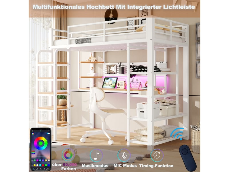  Lit mezzanine 90x200 cm, lit enfant, bureau, étagères, échelle sécurisée, led, bois et métal blanc  - Conforama W