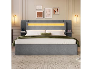 Lit coffre 140x200 cm en tissu lin avec rangement hydraulique, tête de lit led, table de chevet intégrée et port usb - gris