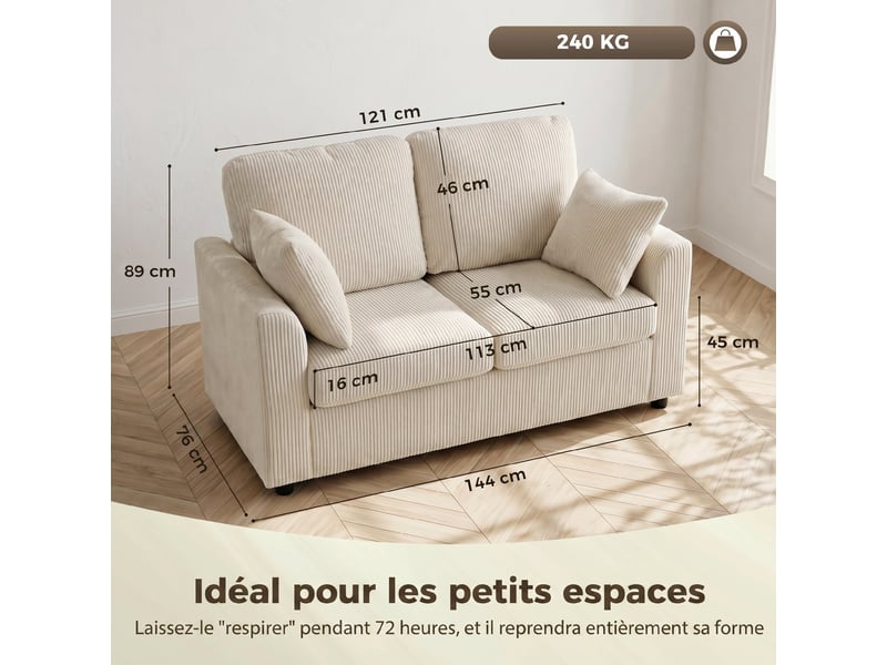 Canapé 2 places en velours côtelé, canapé de salon 144 cm avec assise large rembourrée, beige, 2 oreillers - Conforama C
