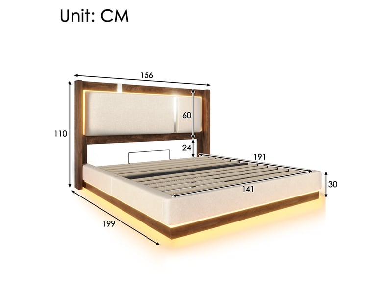  Lit coffre 140x190 cm avec sommier et led, beige et noyer  - Conforama C