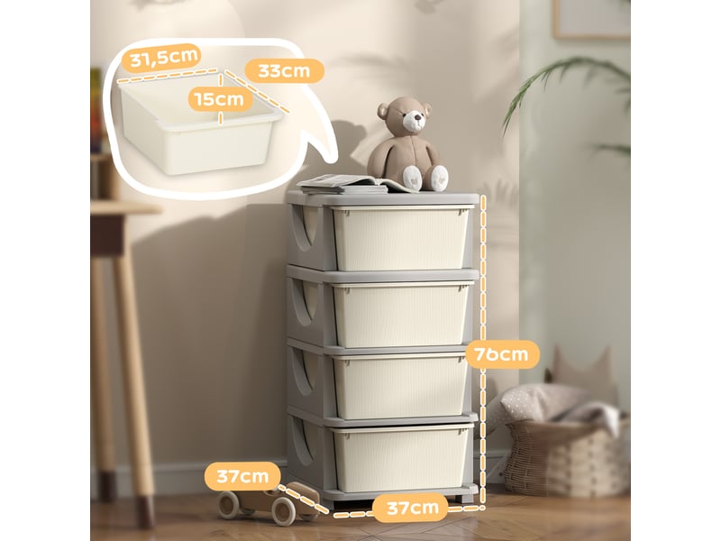  Organisateur de jouets pour enfants avec 4 tiroirs à 4 niveaux, boîtes de rangement en plastique, crème, 37 x 37 x 76 cm  - Conforama C