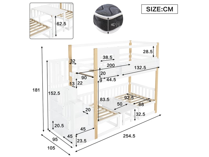 Lit superposé enfant 90x200 cm blanc et naturel avec bureau rabattable - Conforama C
