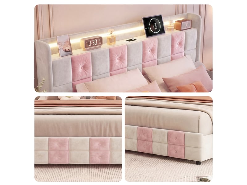  Lit double 140 x 190 cm blanc et rose – velours, tête de lit avec étagère &amp; led, usbtype-c, 4 tiroirs  - Conforama E
