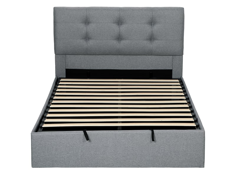 Lit coffre 140x190 capitonné gris avec tête de lit rembourrée et rangement sous sommier - Conforama B
