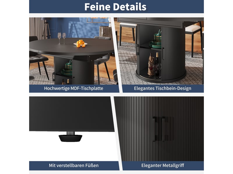 118-158 noir table à manger extensible avec rangement, design moderne, structure fonctionnelle pour cuisine et salle à manger - Conforama C