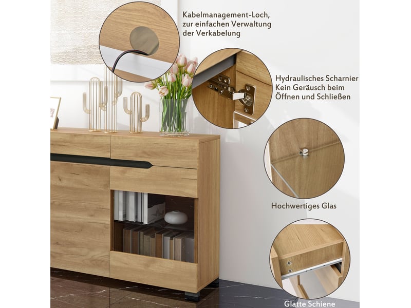 Buffet bas 140x35x80 cm 3 portes 3 tiroirs led coloris chêne clair - Conforama E