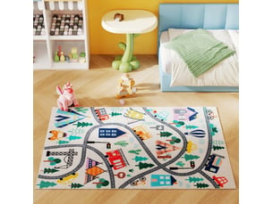 Tapis enfant motif circuit routier 160x120 cm – multicolore – polyester doux antidérapant, facile d'entretien