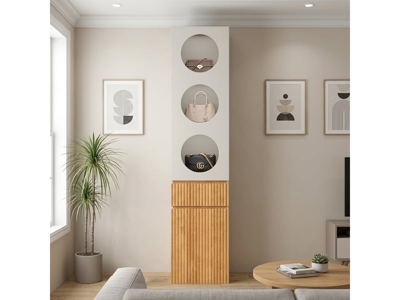 Armoire haute étroite en chêne clair, 45 x 50 x 200 cm, design à porte battante, avec 1 tiroir et 2 portes, pour chambre, salle de bain et salon - Conforama E