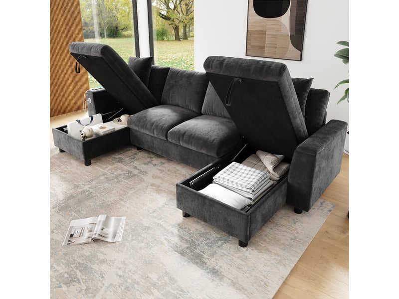  Canapé d'angle panoramique en u, canapé en chenille gris avec coffre de rangement, ports usb et type-c intégrés pour salon moderne, 279cm  - Conforama B