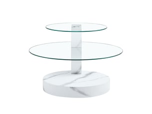 Table basse à 2 plateaux en verre trempé avec structure mdf et finition marbre blanc pour salon, 78,5 × 79 × 24,5 cm