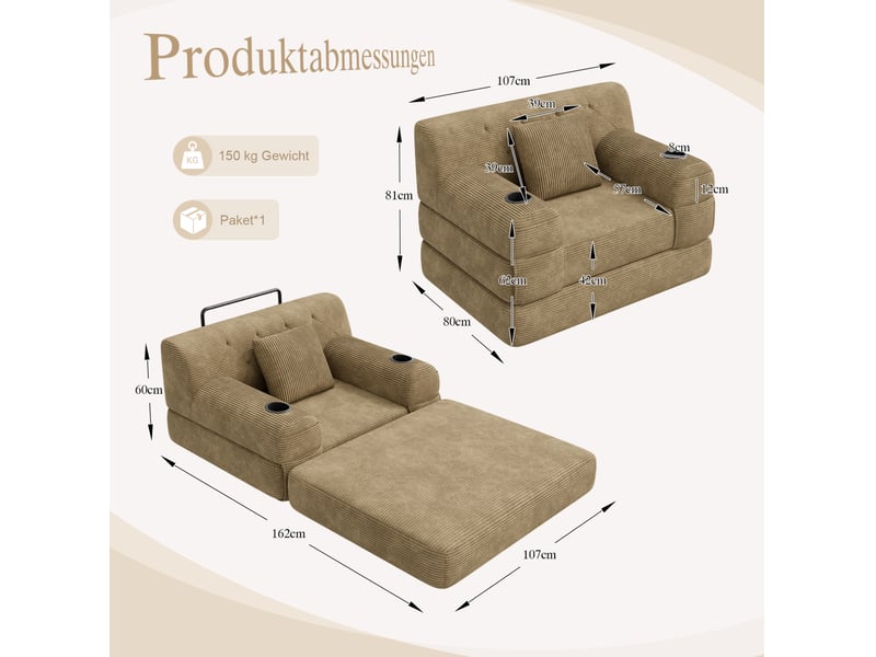 Canapé convertible compressé 1 place en velours côtelé beige, 4 poches et 2 porte-gobelets - Conforama C