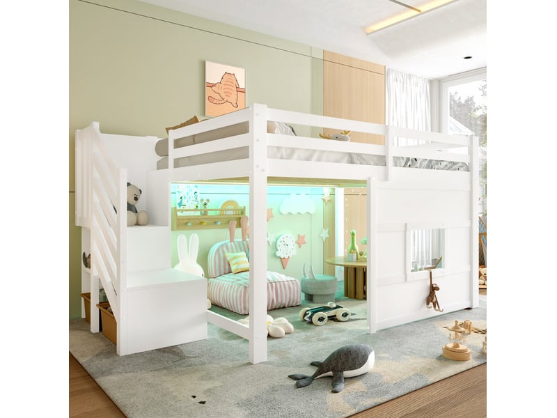  Lit mezzanine 140x200 cm avec escalier de rangement et fenêtre, lit enfant avec led, mdf et bois, blanc sans matelas  - Conforama D