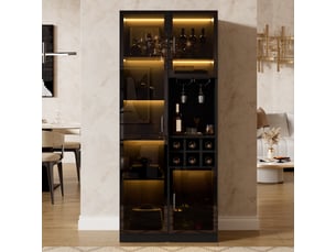 Vitrine avec éclairage led pilotable par application, armoire vitrée portes verre, casier à vin et rangement, meuble salon