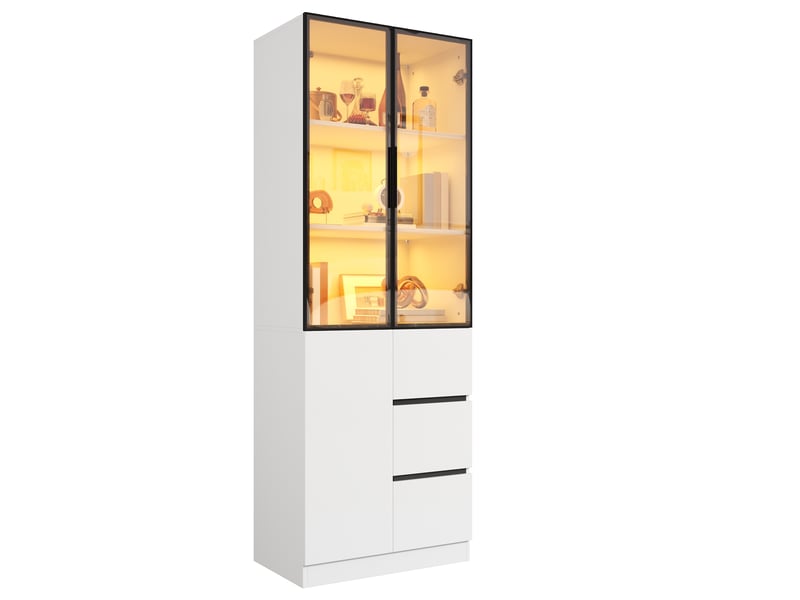  Buffet 60x40x180 cm avec portes, structure en aluminium, éclairage led contrôlable, en panneau de particules, blanc  - Conforama A