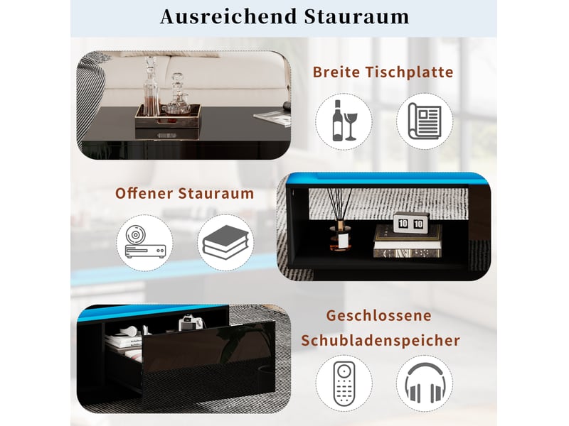  Table basse avec 1 tiroir et led, finition brillante, pour salon, 100 × 50 × 40,3 cm  - Conforama E