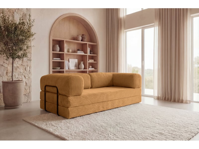Cosima - canapé droit convertible petit velours côtelé 3 places moutarde - Conforama B