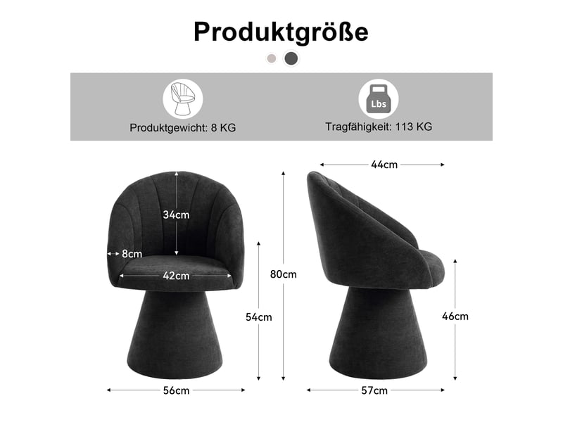  Chaise de salle à manger pivotante 360° avec dossier arrondi  - base stable en chenille gris 56×57×80 cm  - Conforama D