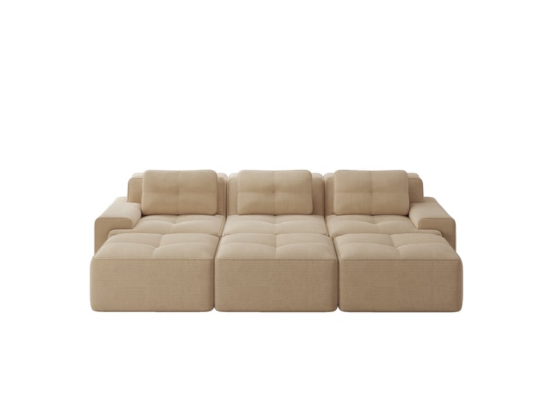 Canapé d'angle modulaire 3 places avec fonction couchage et 3 poufs en velours côtelé beige, 293 × 177 × 69 cm - Conforama A