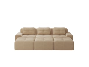 Canapé d'angle modulaire 3 places avec fonction couchage et 3 poufs en velours côtelé beige, 293 × 177 × 69 cm