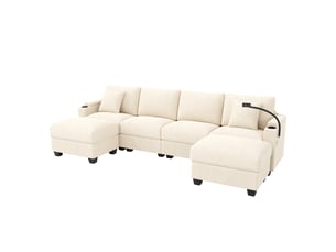 Canapé-lit modulable en u 5-6 places 275,5 cm, support téléphone 360°, usb et usb-c, 2 porte-gobelets, velours côtelé beige