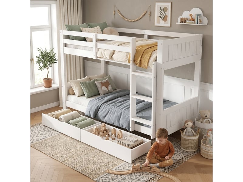  Lit superposé 2 places 90 x 200 cm avec garde-corps et rangement, lit enfant en bois blanc séparable en 2 lits simples avec 2 tiroirs et échelle  - Conforama B