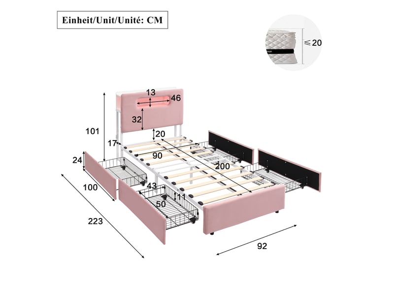 Lit enfant 90x200 cm, 4 tiroirs, tête de lit led pilotée par application, velours, rose sans matelas - Conforama C