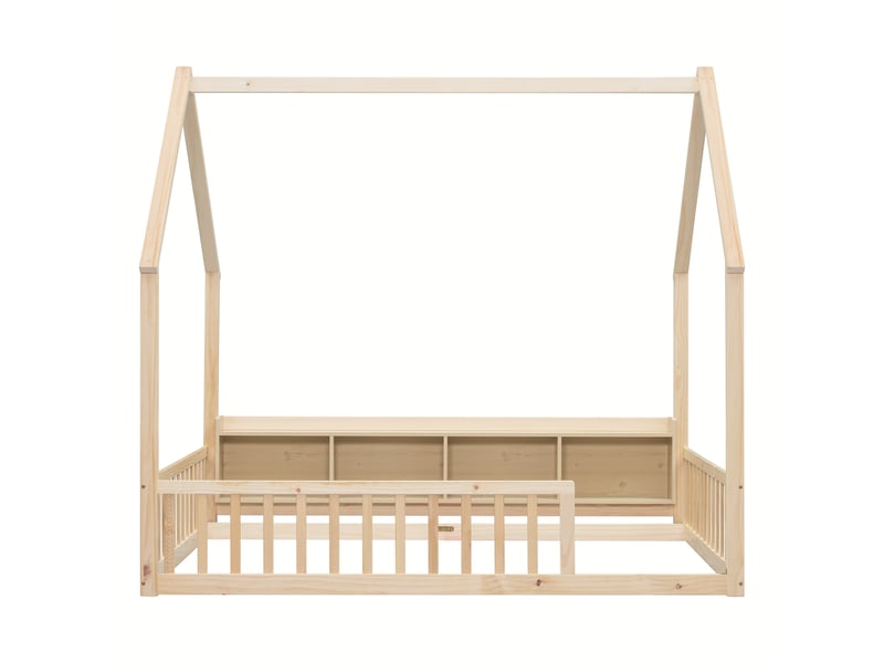 Lit enfant en forme de maison 140x200 cm naturel pin avec rangements et barrières de sécurité Sol Morn - Conforama A