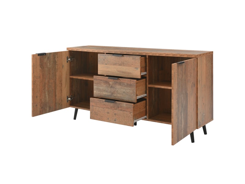  Buffet 140x35x70cm avec 3 tiroirs, design décoratif à motif de bois, style rétro, panneaux de particules, brun antique  - Conforama C