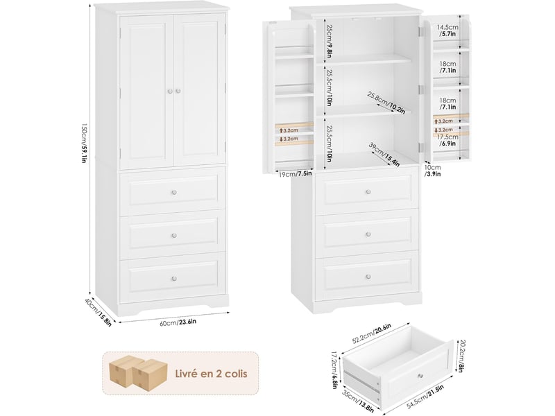 Buffet haut cuisine 150 cm vaisselier avec étagère de porte blanc - Conforama C