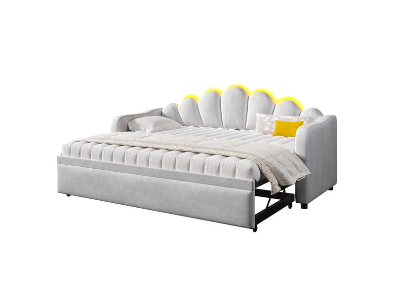  Lit gigogne multifonctionnel 90x200 cm led, lit enfant, lit simple avec tête de lit, mdf, velours gris sans matelas  - Conforama A