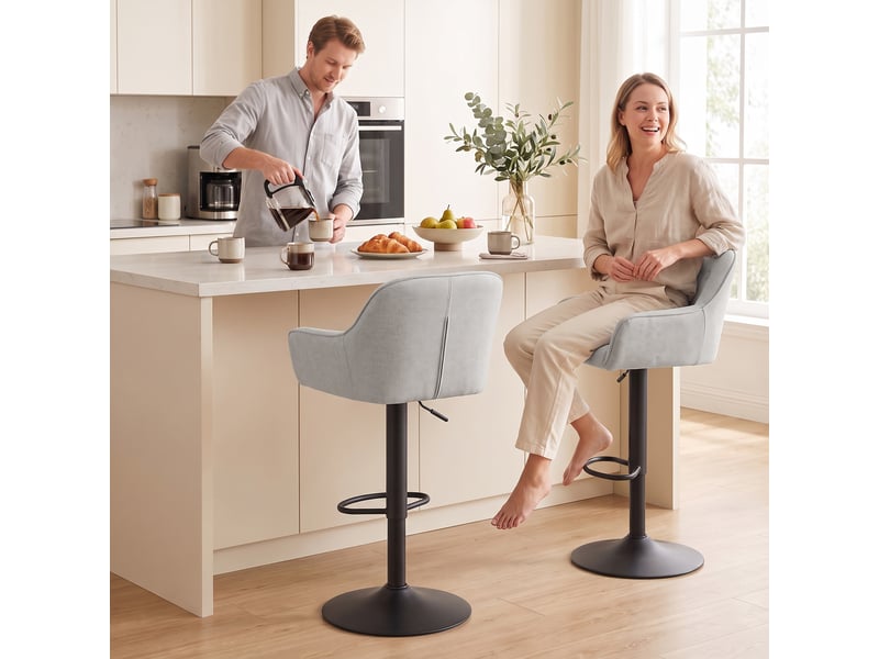  Tabourets de bar lot de 2, chaises de bar en chenille, hauteur réglable, pivotant 360°, dossier et repose-pieds, gris  - Conforama D