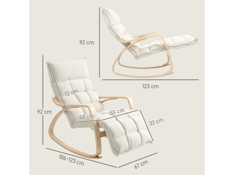  Fauteuil à bascule crème avec dossier et repose-pieds, aspect lin, relax et lecture, salon et chambre  - Conforama C