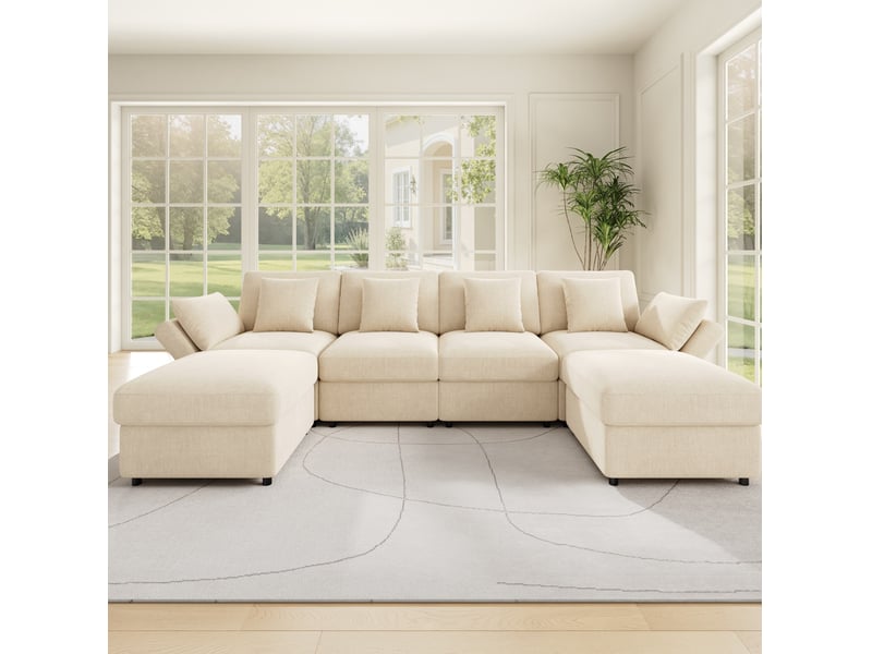  Canapé modulable 284x156,5x86 cm accoudoirs réglables chenille beige  - Conforama C