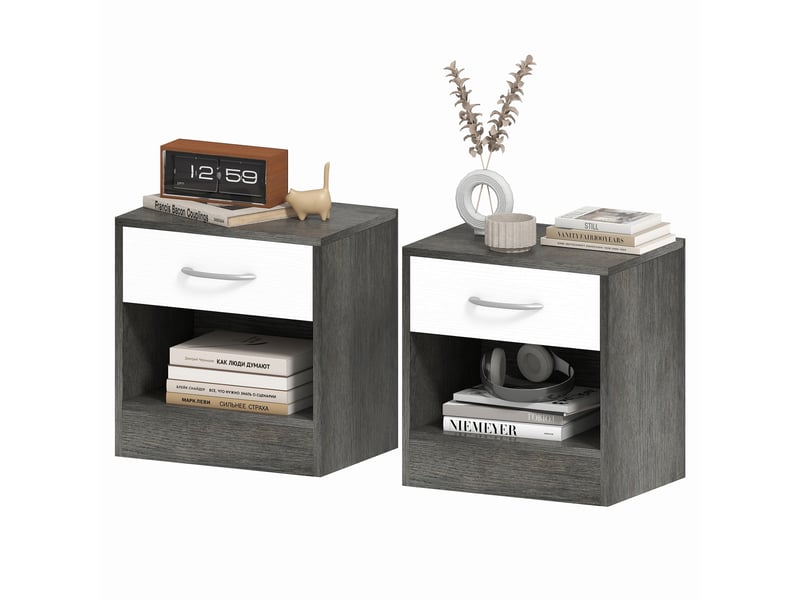  Ensemble de 2 tables de chevet modernes avec étagère ouverte et tiroir, en bois, 39 x 28 x 41 cm, blanc et gris foncé.  - Conforama B