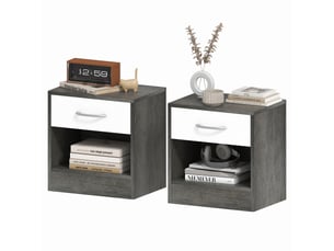 Ensemble de 2 tables de chevet modernes avec étagère ouverte et tiroir, en bois, 39 x 28 x 41 cm, blanc et gris foncé.