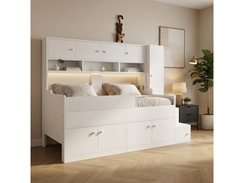 Gutenacht lit enfant bois 90x200cm, rangement, échelle, led, blanc - Conforama D