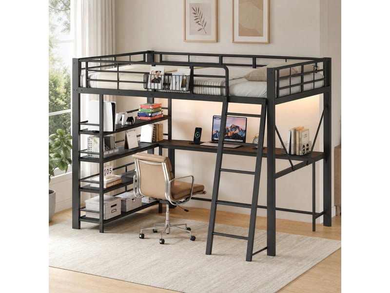 Lit mezzanine 140 × 200 cm en métal avec bureau, étagères, panier, led et station usb pour chambre à coucher - Conforama B