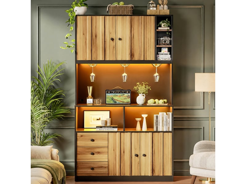  Meuble haut de cuisine avec vitrine, bar à vin, éclairage led rgb et prises usb, noir et bois naturel  - Conforama C