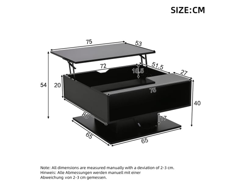  Table basse hydraulique noire brillante 80×75×40 cm – rangement semi-ouvert, design géométrique  - Conforama C