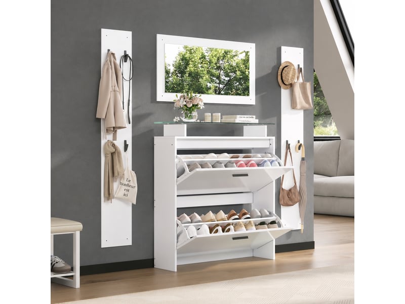  Ensemble meuble d’entrée 4 pièces avec miroir, 8 patères et 2 abattants, blanc  - Conforama C