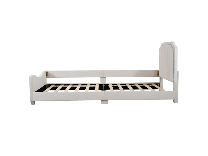  Lit enfant banquette rembourré en flanelle beige 90 x 200 cm, dossier et accoudoirs, multifonction  - Conforama D