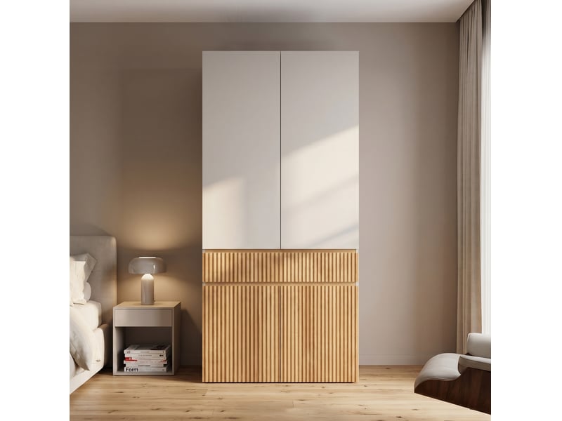  Armoire de chambre 90x50x200 cm avec penderie 1 tiroir et 4 portes chêne clair et gris  - Conforama E
