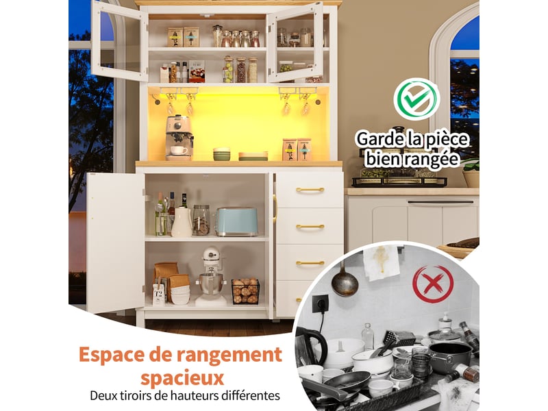 Buffet ,meuble de rangement ,meuble de cuisine ,buffet haut, 105,5 x 40 x 180 cm, 4 portes, avec led -bouteilles, blanc - Conforama E