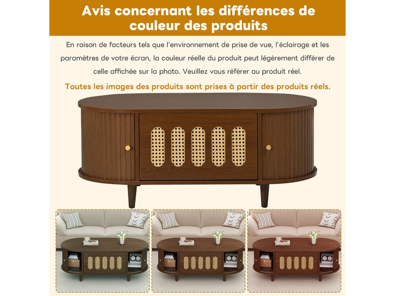 Table basse couleur noyer, table de salon avec tiroir et portes, 100x50x40 cm, design rotin - Conforama E